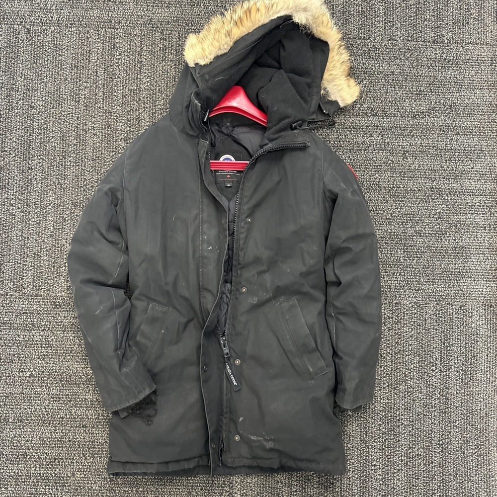 Canada Goose Black Heavyweight Parka Fur Trim Hood Button Logo Women XS
